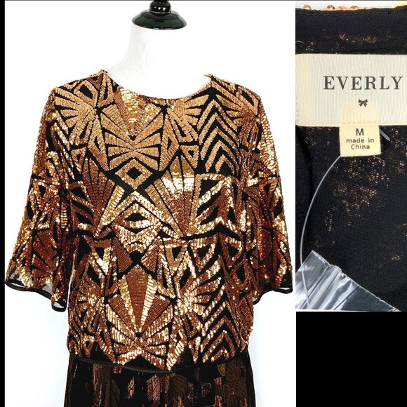 New Everly Sequin Gold Copper Geometric Pattern Glam Party Top Sz M - Picture 2 of 16